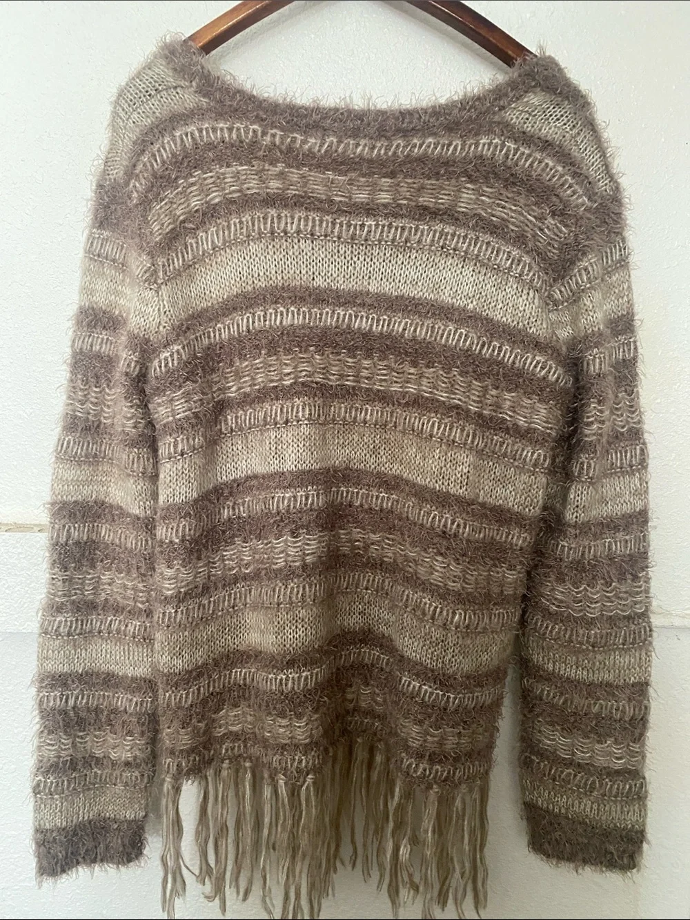 Knox Rose Taupe & Cream Striped Fringe Cozy Sweater
